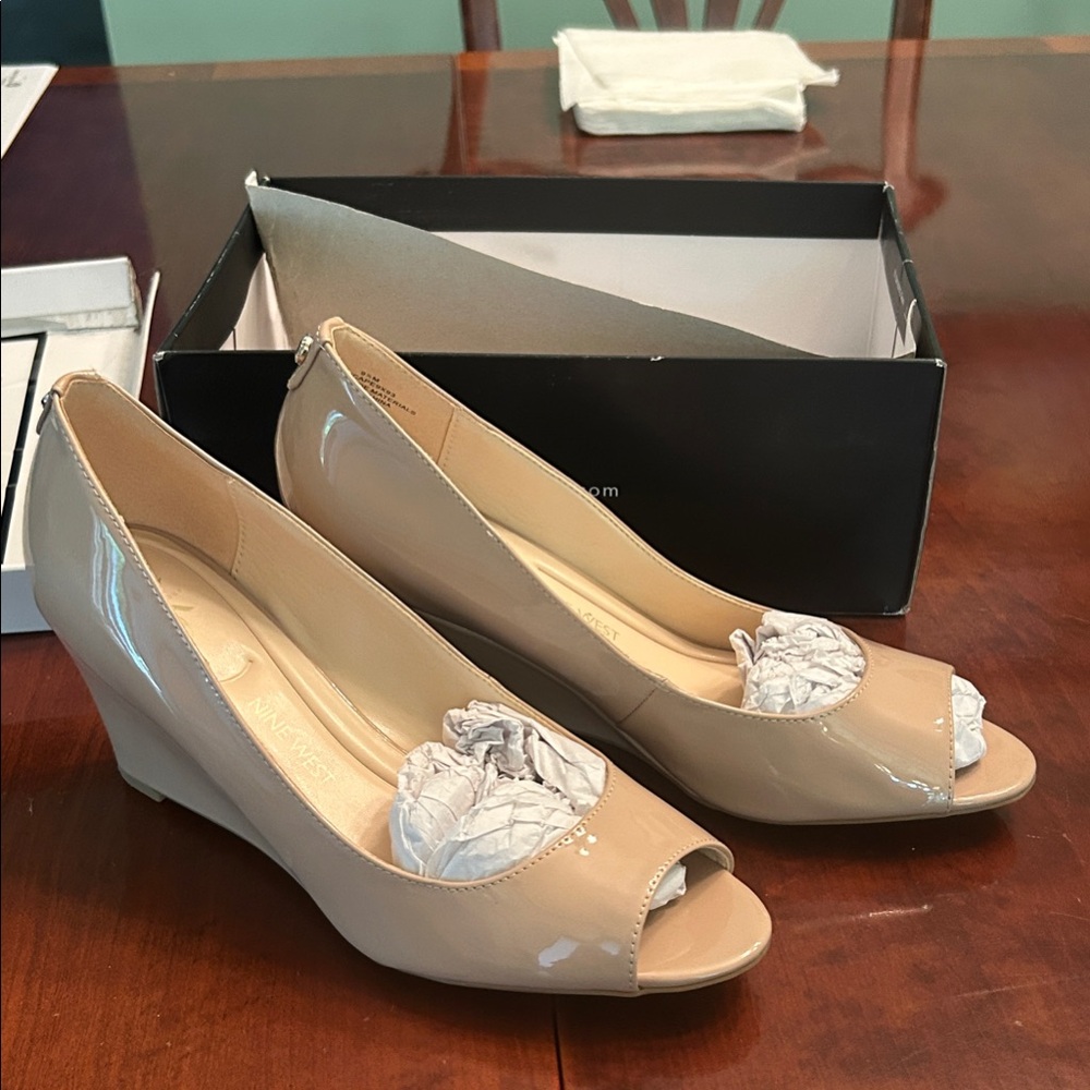Nine West Nude Peep-Toe Wedges
